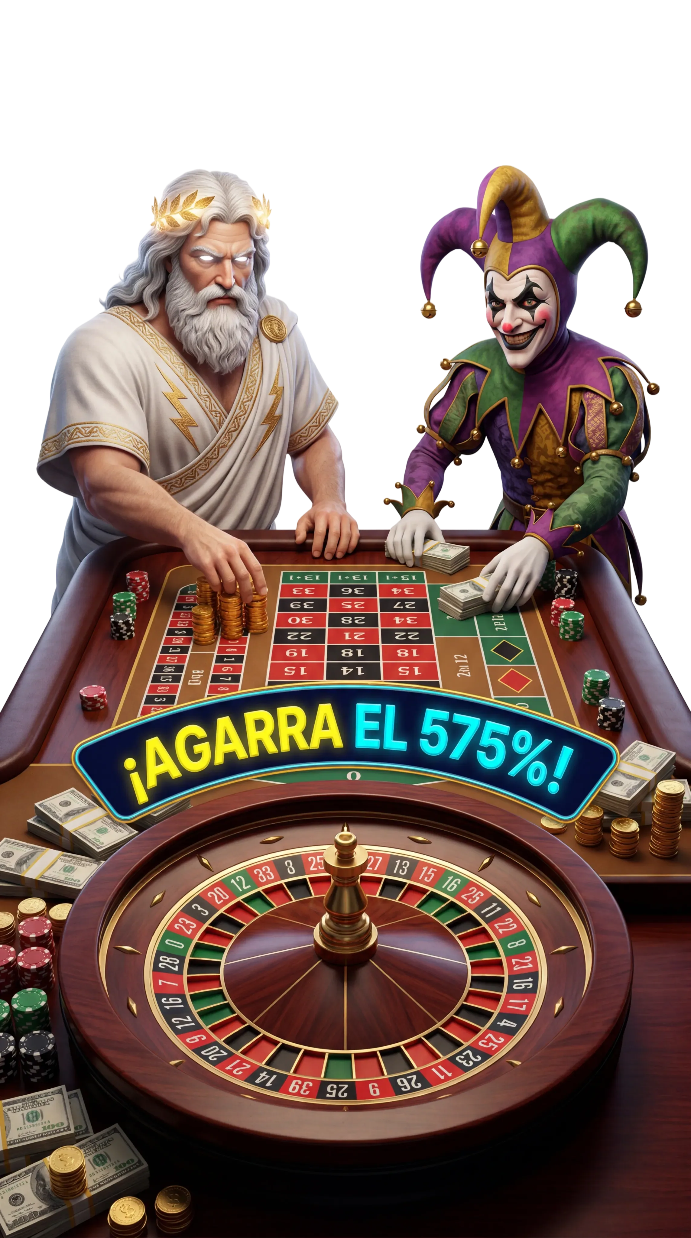 Zeus and joker casino characters at a roulette table